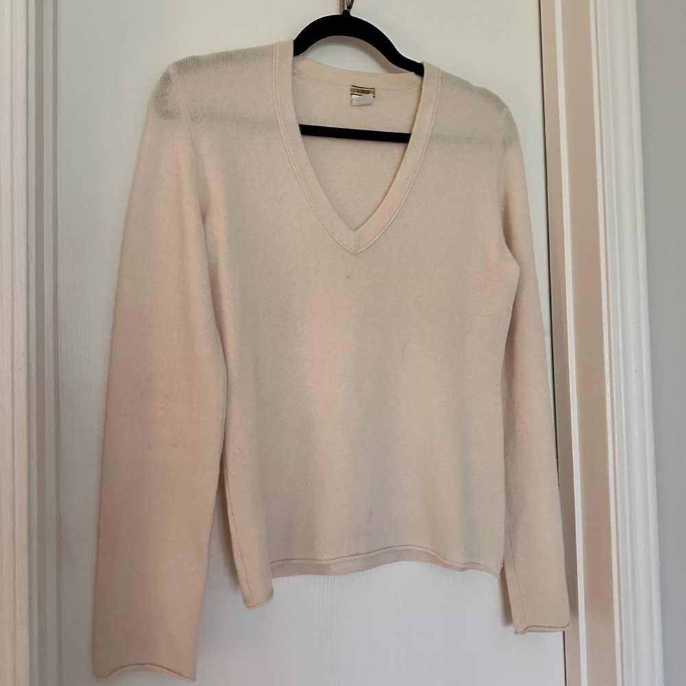 J. Crew Cream V-Neck Lightweight Cashmere Sweater